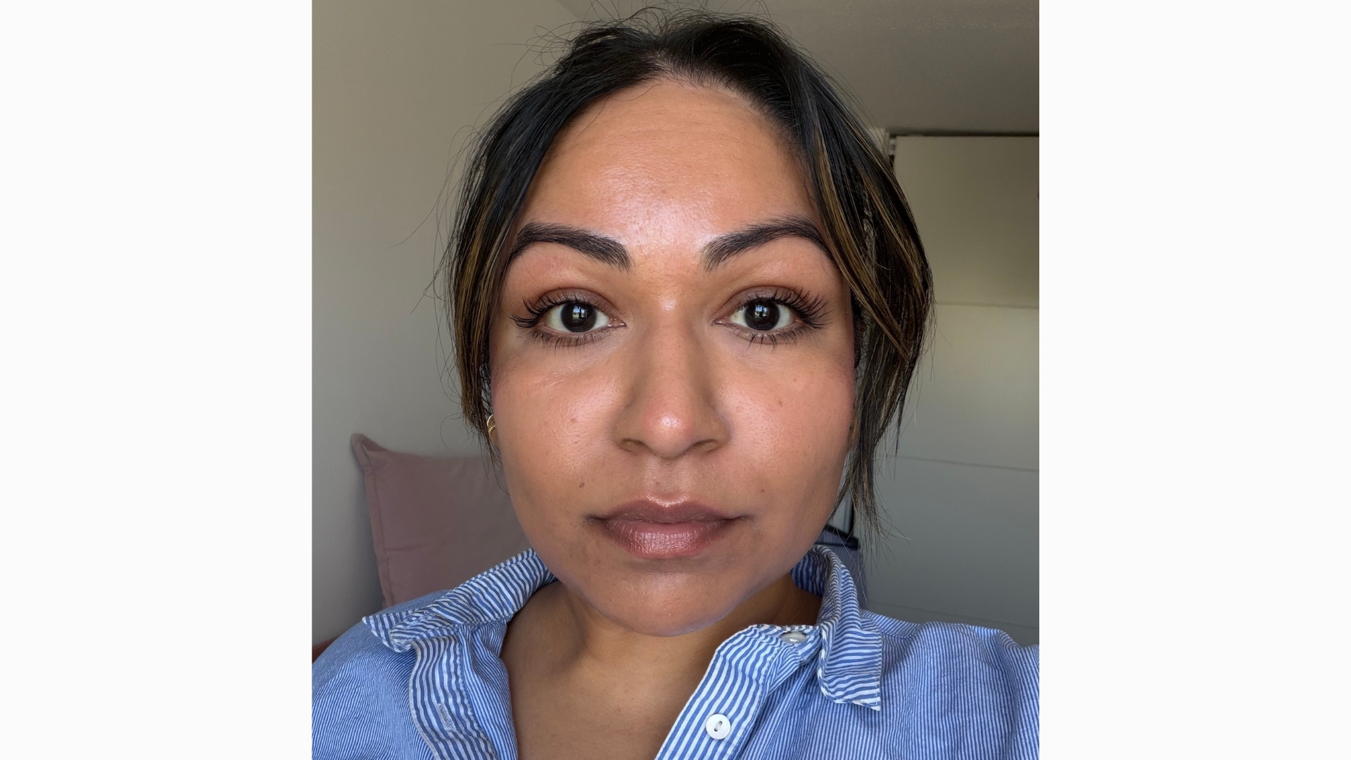 Aleesha Badkar wearing the Merit Beauty Clean Volume Mascara