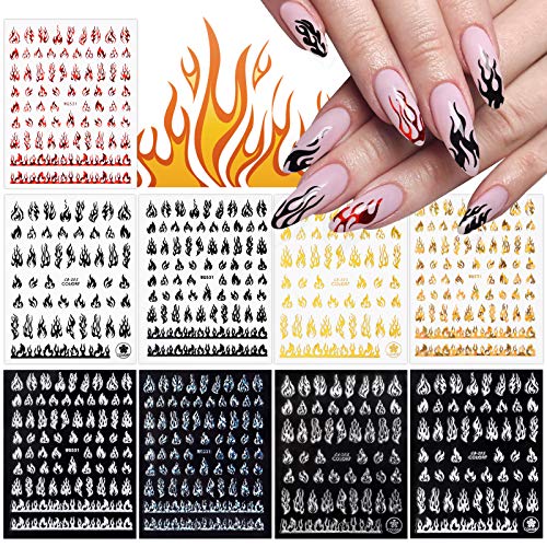 9 Sheets Flame Nail Stickers Decals, Torokom 3d Holographic Self-Adhesive Fire Nail Decals White Black Silver Gold Red Flame Nail Art Stickers Nail Art Supplies for Nail Decor