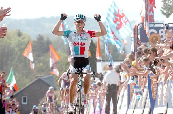 Philippe Gilbert (Omega Pharma-Lotto) wins Fl&egrave;che Wallonne atop the Mur de Huy.