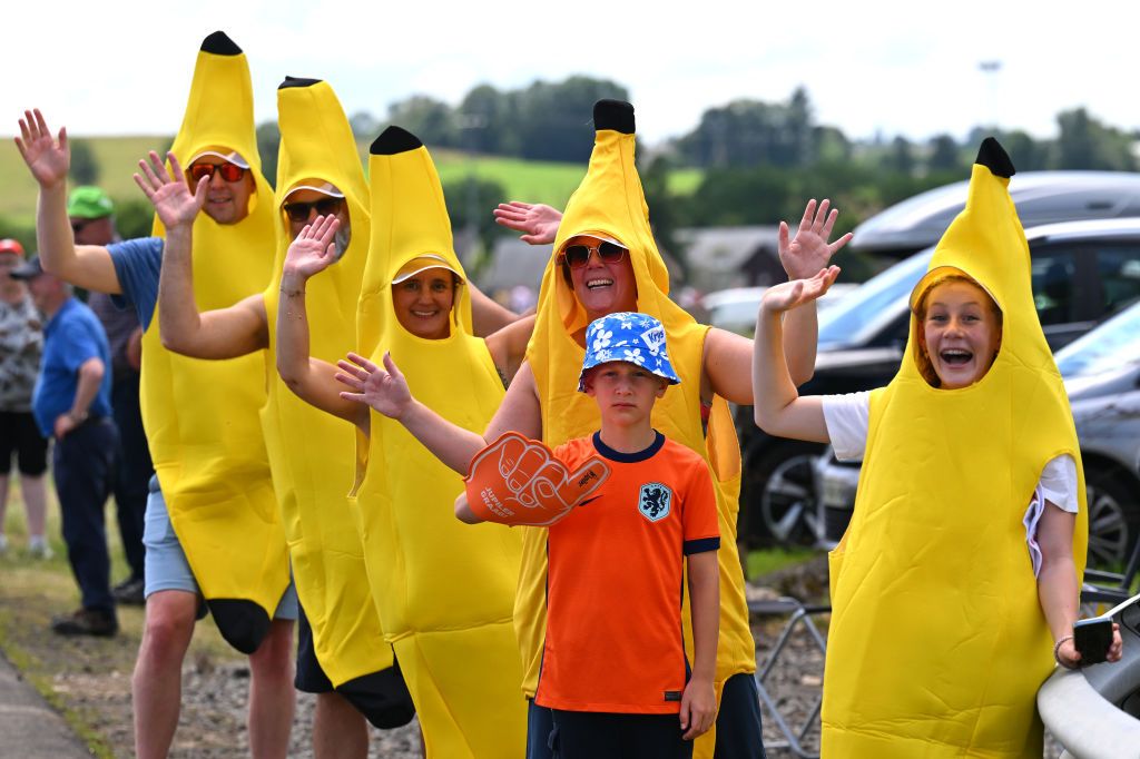 LELIORAN FRANCE JULY 10 Fans dressed as bananas during the 111th Tour de France 2024 Stage 11 a 211km stage from EvauxlesBains to Le Lioran 1239m UCIWT on July 10 2024 in Le Lioran France Photo by Tim de WaeleGetty Images