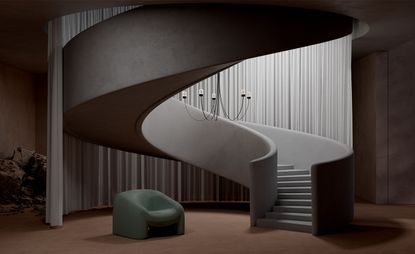 Paul Cocksedge为Moooi设计的重力吊灯的渲染图，这个设计的特点是黑色弯曲的手臂悬挂在螺旋楼梯的天花板上。背景是一个大的灰色窗帘和绿色扶手椅是在地板下面