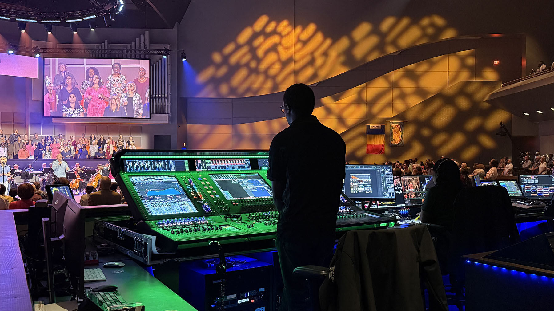  First Baptist Jonesboro Media &amp; IT Director Tom Gobebo mixing a service on the church’s new DiGiCo Quantum852 console supplied by Clark.