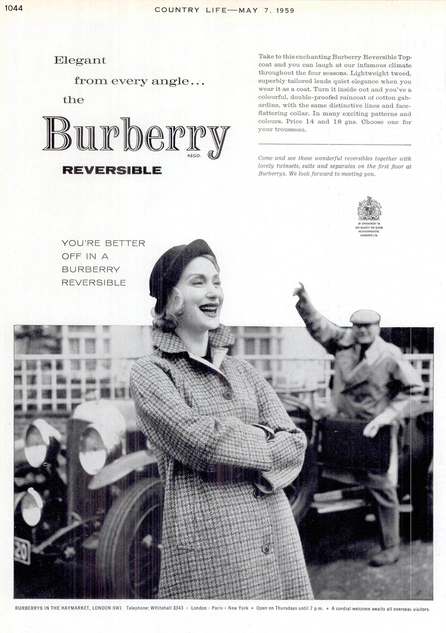 Burberry 1959 advert featuring a woman in a reversible check coat and a man in a flat cap trying to start a car