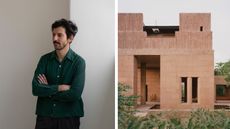 portrait of architect Carlos H Matos and to the right, his project, the earthy house Casa Monte
