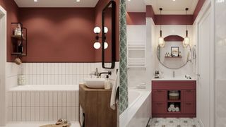 Red accents used in white bathrooms
