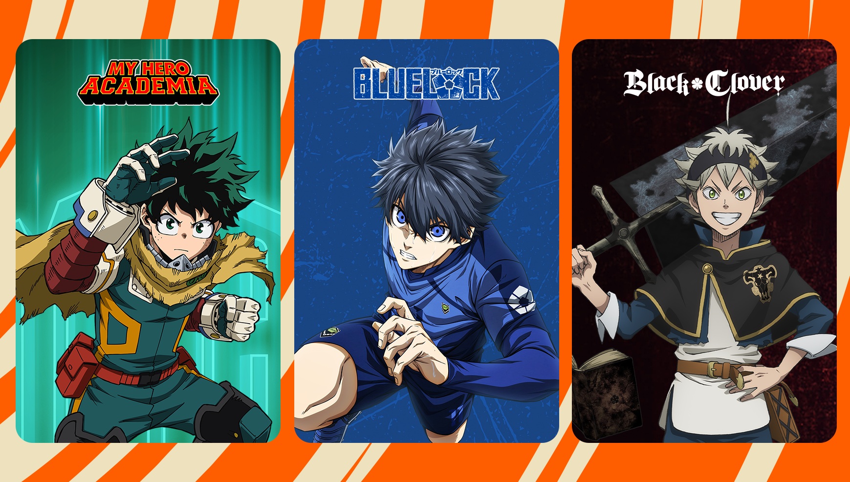 Crunchyroll Ani-May artwork featuring images from My Hero Academia, Bluelock and Black Clover