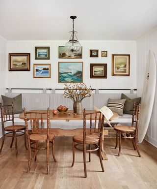 Beach house decor with shiplap wall and wood table and floor
