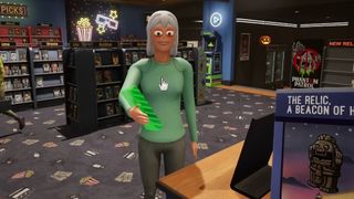 Retro Rewind shopkeeper helps a customer in green shirt