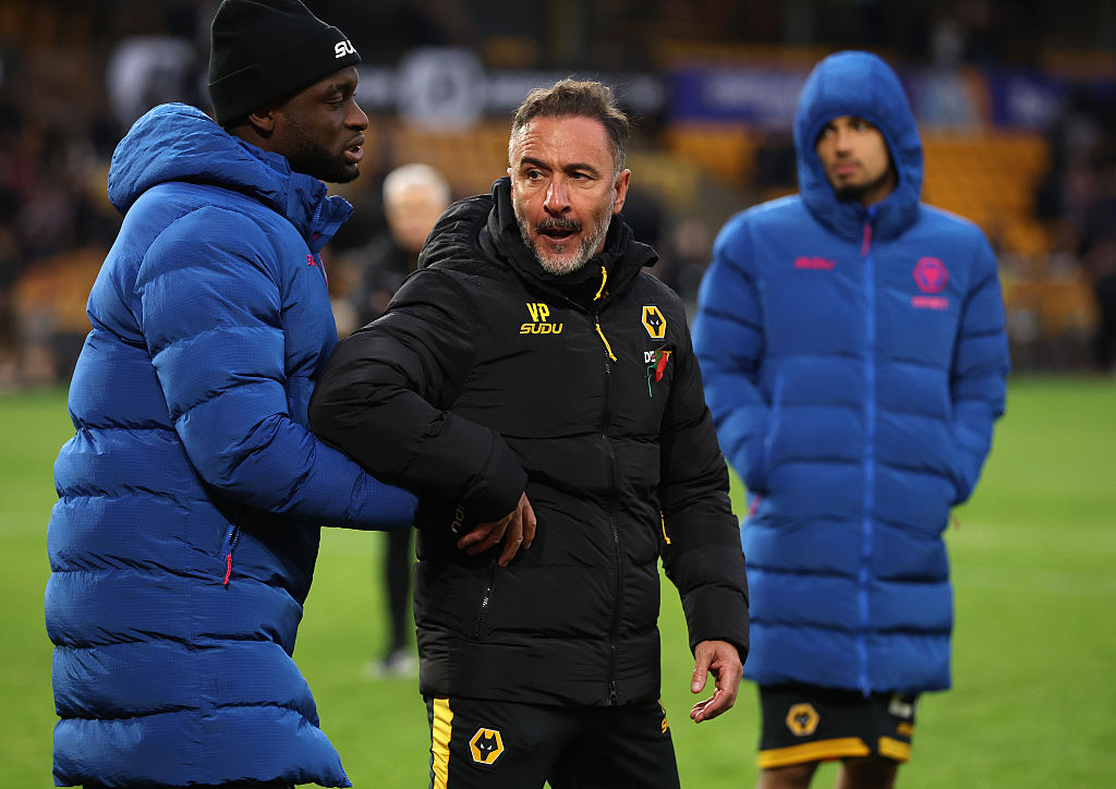 WOLVERHAMPTON, ENGLAND - OCTOBER 26: Vitor Pereira, the Wolverhampton Wanderers manager is held after clashing with supporters after their defeat during the Premier League match between Wolverhampton Wanderers and Burnley at Molineux on October 26, 2025 in Wolverhampton, England. (Photo by David Rogers/Getty Images)