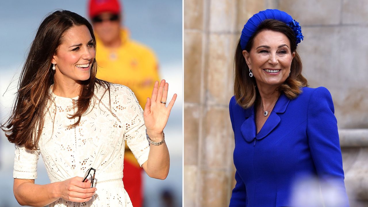 Carole Middleton wears a royal blue outfit and matching hat, while Kate Middleton waves on a beach