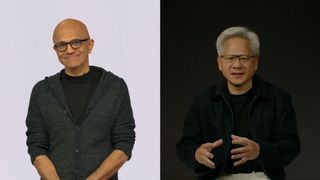 Satya Nadella and Jensen Huang on grey and black backgrounds