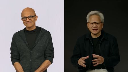 Satya Nadella and Jensen Huang on grey and black backgrounds