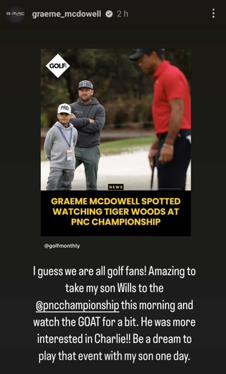 A screenshot of Graeme McDowell's Instagram story about attending the PNC Championship