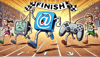 Illustrate a foot race between an email icon, a tv, and a game controller. Each character should have legs, arms, and a face, depicted in a political cartoon art style. The video camera is in first place, about to cross the finish line with a triumphant expression. The email envelope is in second place, struggling but determined, while the video game controller is in third place, looking frustrated and exhausted. The finish line is clearly marked, and the background should include cheering spectators with exaggerated features to match the cartoon style.