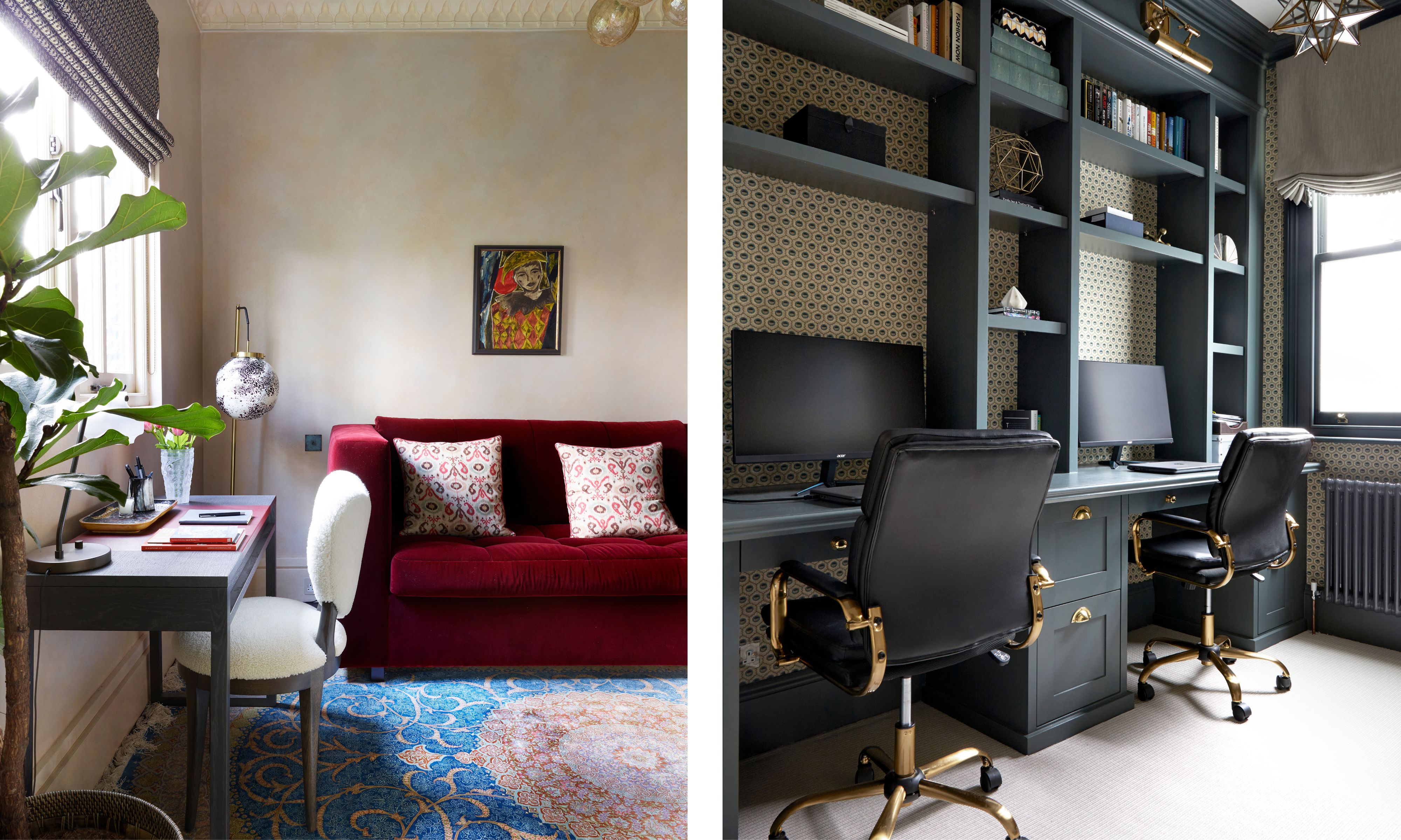 This side-by-side image presents two contrasting home office designs: on the left, a warm, eclectic room features a small grey desk paired with a white textured chair, a deep red velvet sofa with patterned pillows, and a vibrant blue and orange oriental rug; on the right, a structured and moody workspace showcases floor-to-ceiling charcoal-grey built-in shelving, a double desk with two black leather executive chairs featuring gold hardware, and a subtle geometric wallpaper backing the shelves.