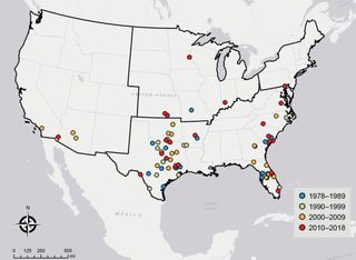 A map showing cases of Naegleria fowleri infections tied to recreational water in the U.S. from 1978 to 2018.