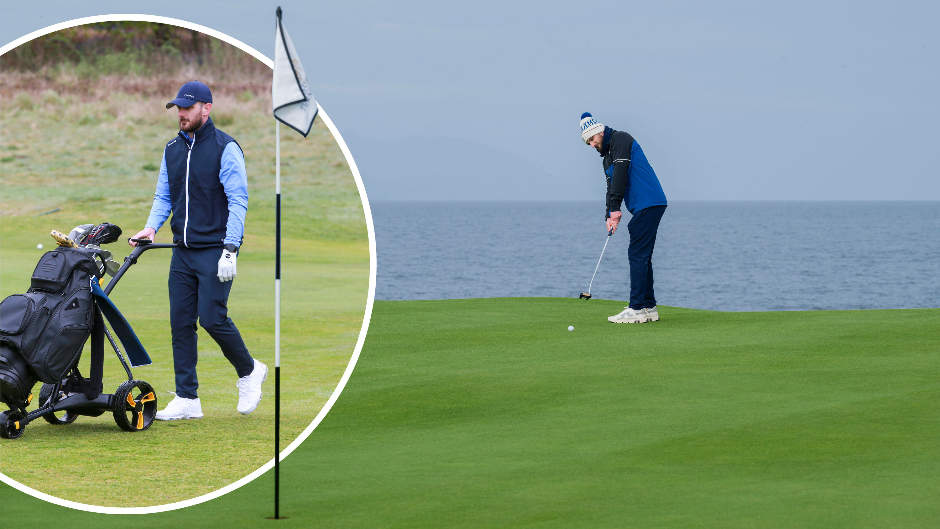 Barry Plummer playing golf alone, hitting a putt on an island green with the sea in the background, with an inset image tucked behind the flag of Barry Plummer walking solo with his golf bag and trolley on the golf course