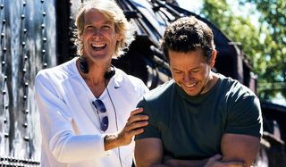 michael bay and mark wahlberg on set laughing