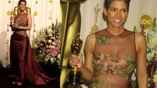 Halle Berry wearing daring Elie Saab dress in burgundy silk skirt and sheer top with embroidered flowers