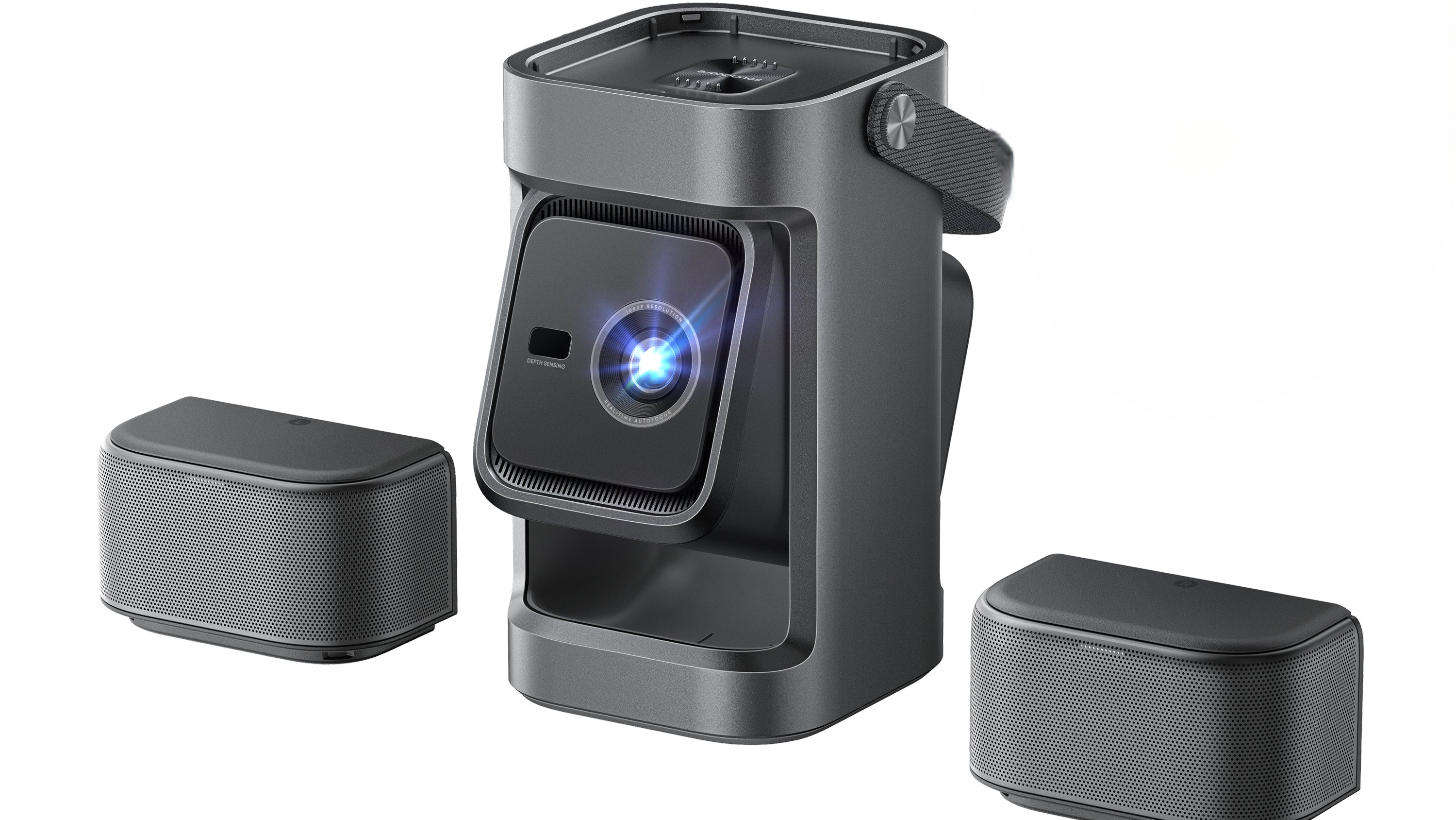 The Nebula P1 projector on a white background with the two detachable speakers next to the body.
