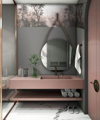 Dark gray and pink bathroom by Woodchip and Magnolia