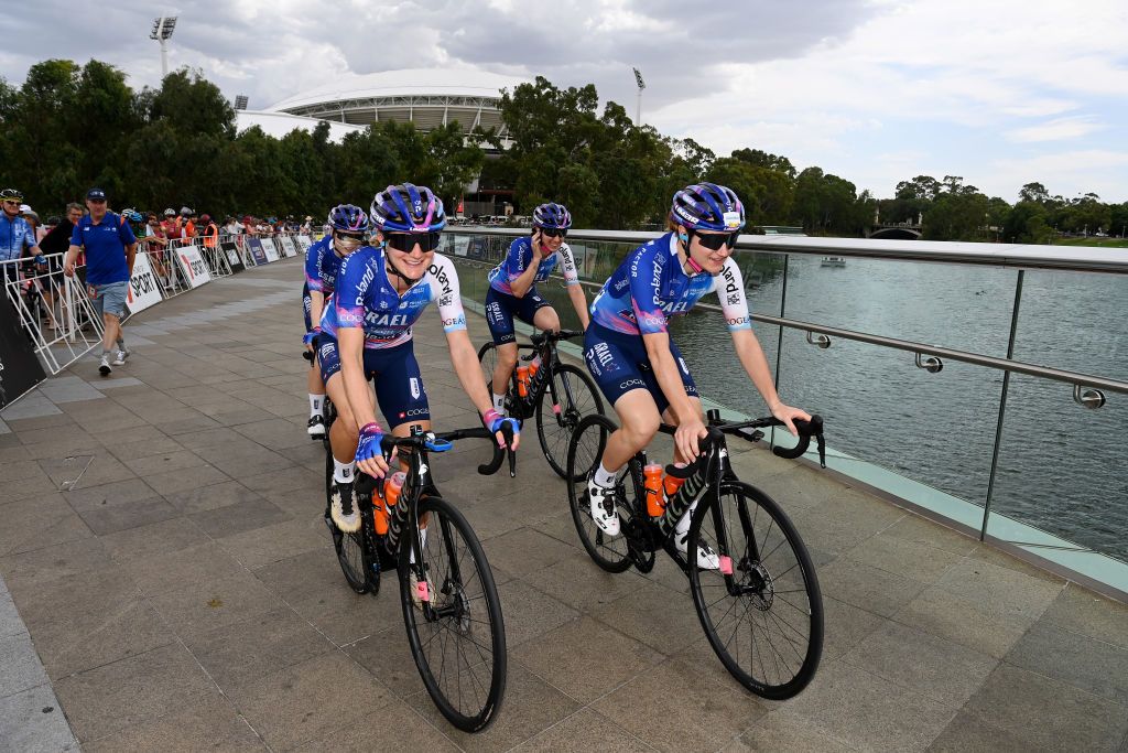 Mia Griffin, Silvia Magri, and Elena Pirrone of Team Israel Premier Tech Roland at the Women&#039;s Tour Down Under 2023