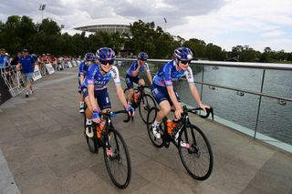 Mia Griffin, Silvia Magri, and Elena Pirrone of Team Israel Premier Tech Roland at the Women's Tour Down Under 2023