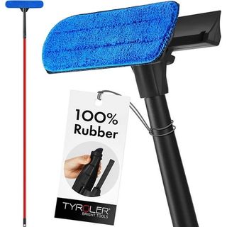 An extending window cleaning tool with a blue microfiber cloth on one side, and a squeegee on the other. 