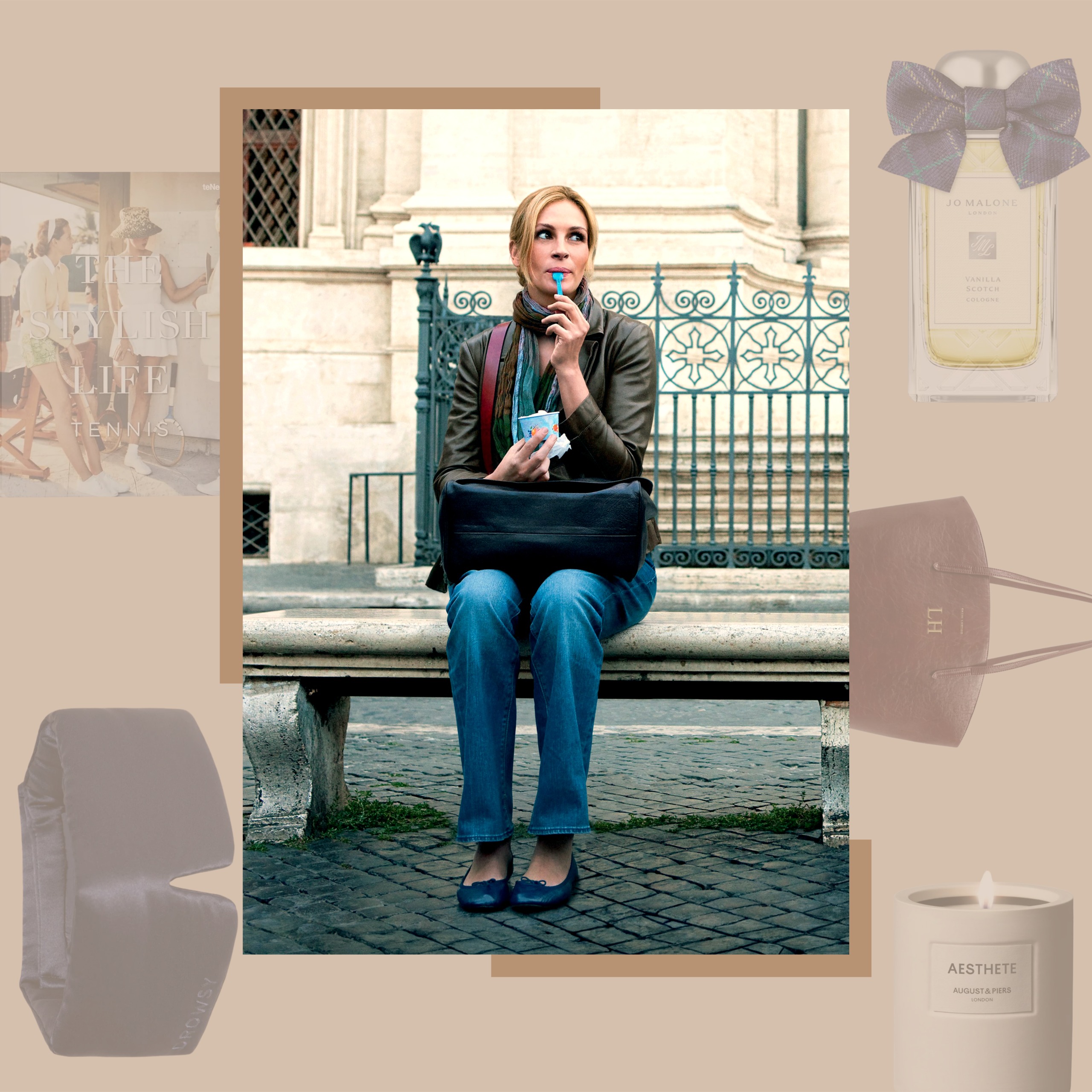 image of Julia Roberts in Eat Pray Love with gift guide products around it
