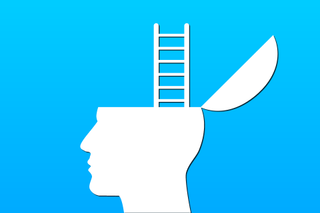 A ladder rises from the silloutte of human head indicating a mind growing.