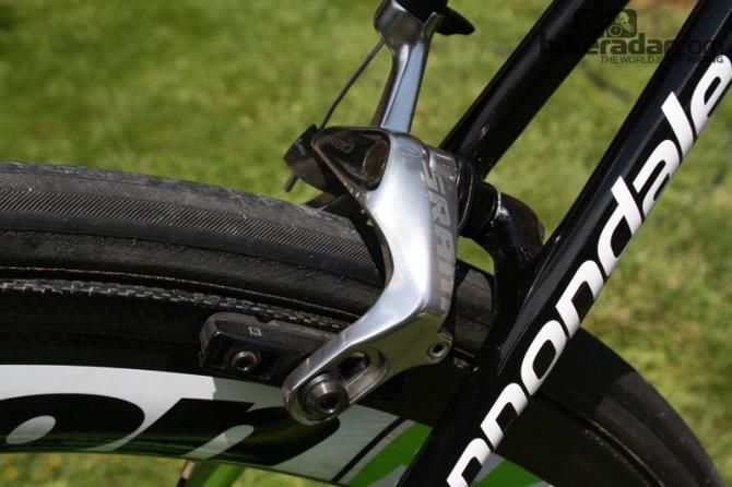 SRAM Red brakes provide stopping power on the carbon rims