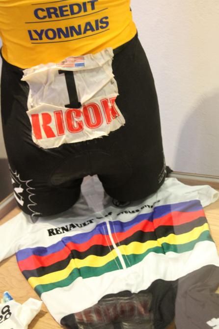 Clothing from LeMond's Tour de France victories and world championships on display at an exhibition in New York City