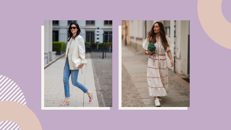 what to wear on a first date outfit ideas using street style shots of two women as a guide. One is wearing a cream blazer and light blue jeans,m one is wearing a midi dress and white trainers and a bright green clutch bag