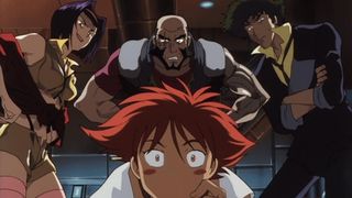 Three larger characters are standing over a surprised looking character from the animated TV show "Cowboy Bebop"