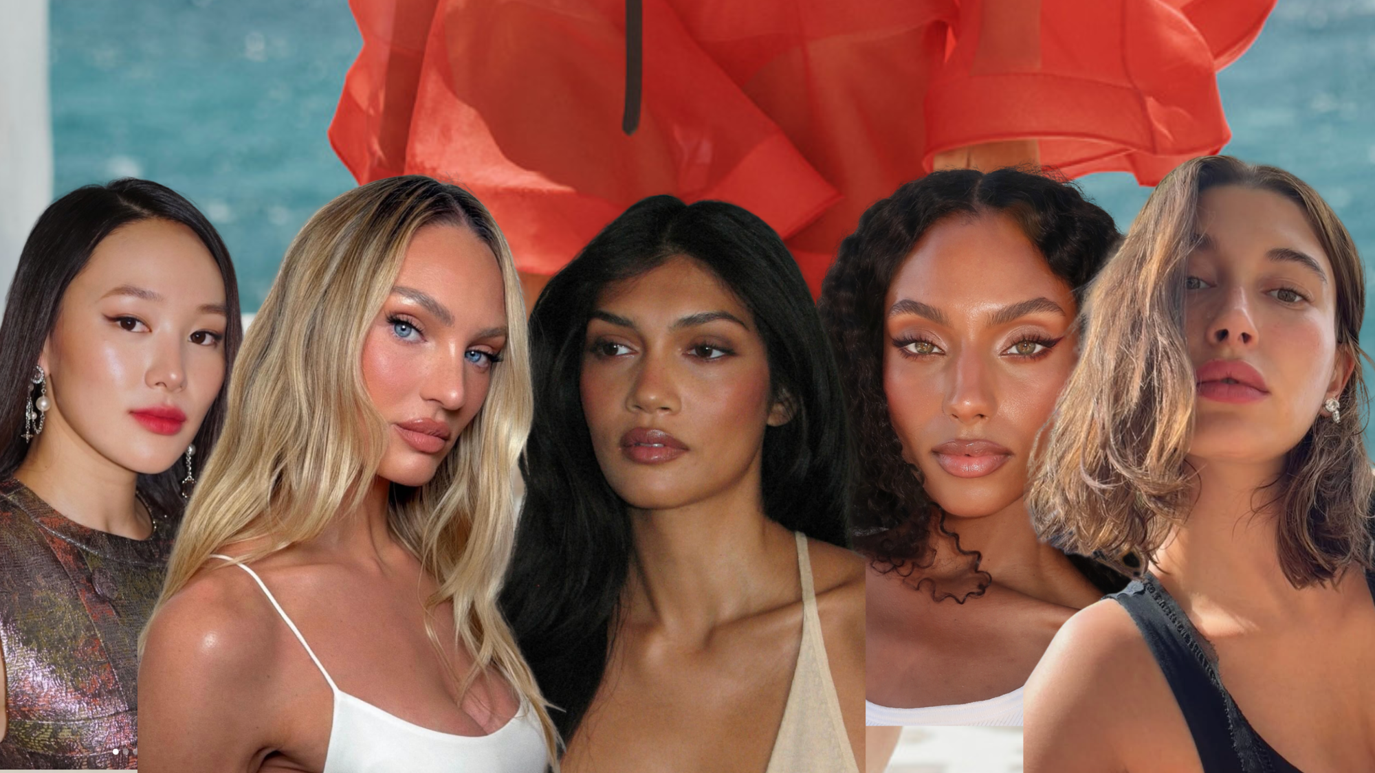 five women with glowing, tan makeup on a blue and red background