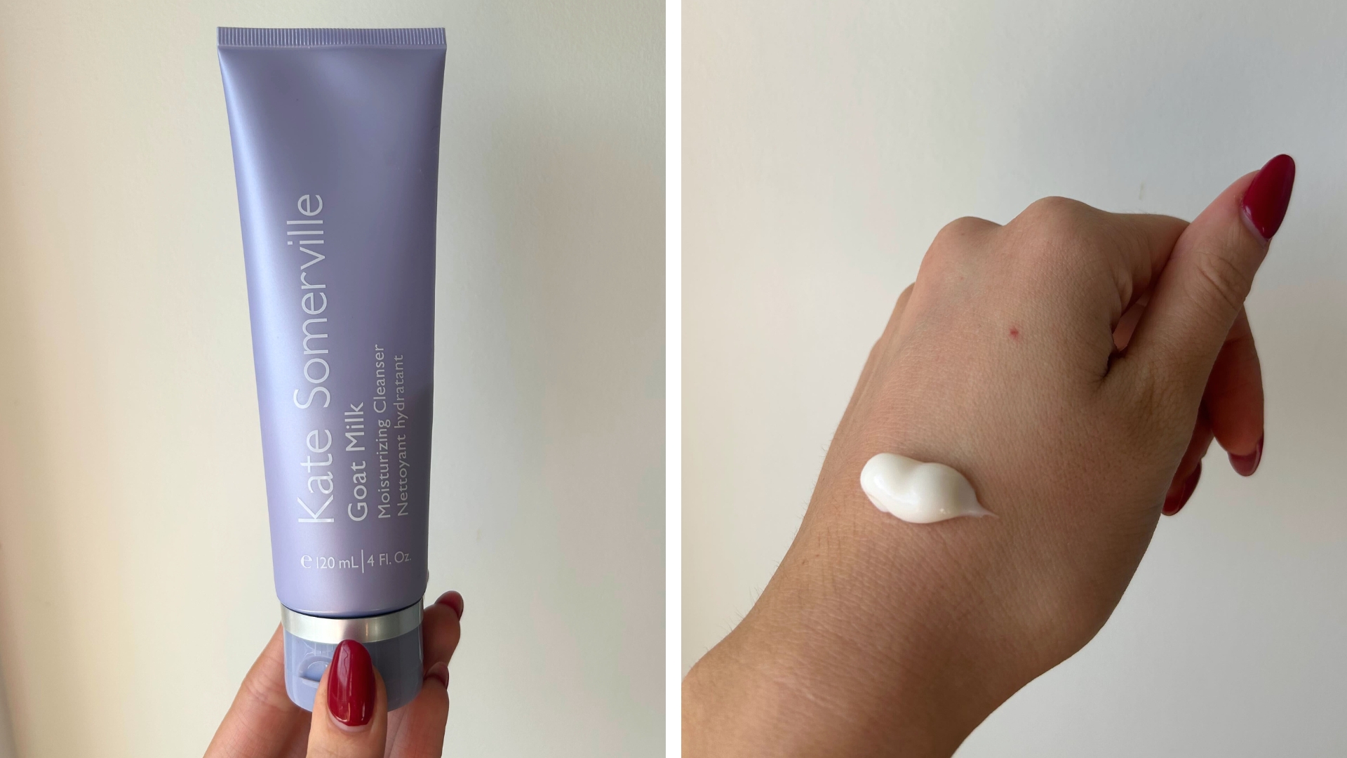 Collage of photos, including an image of hand holding Kate Somerville Goat Milk Cleanser on the left and image of the formula on the back of hand with red nails on the right