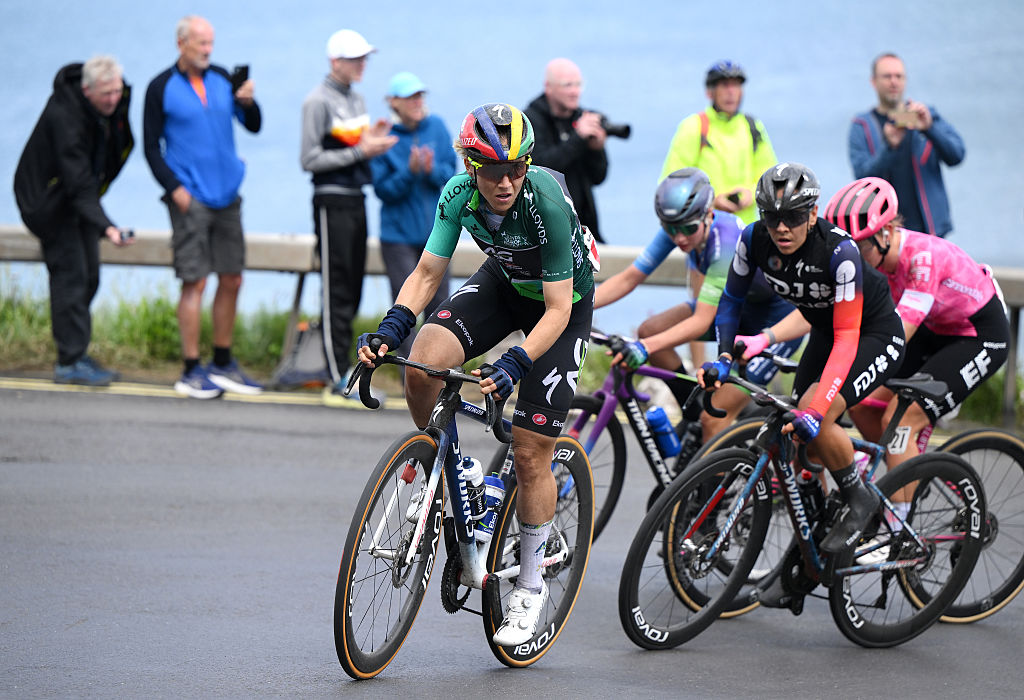 SALTBURNBYTHESEA ENGLAND JUNE 06 Kimberley Le Court Pienaar of Mauritius and Team AG Insurance Soudal Green Leader Jersey leads during the 10th Tour of Britain Women 2025 Stage 2 a 1143km stage from Hartlepool to SaltburnbytheSea UCIWWT on June 06 2025 in SaltburnbytheSea England Photo by Alex BroadwayGetty Images