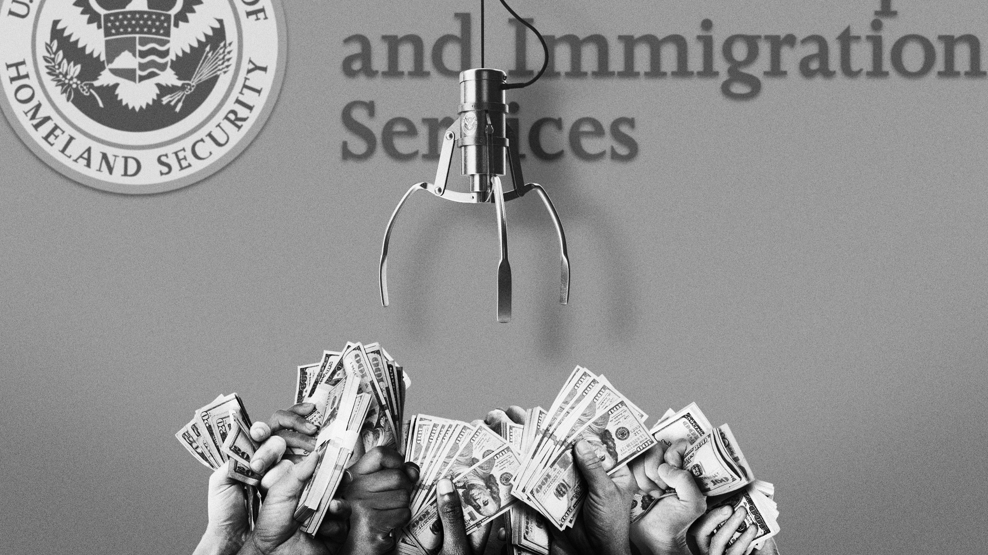 Illustration of visa applicants offering money to a claw machine