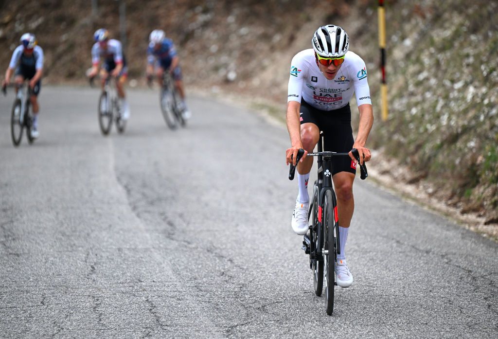 FRONTIGNANO ITALY MARCH 15 Juan Ayuso Pesquera of Spain and UAE Team Emirates XRG White best Young Rider Jersey attacks during the 60th TirrenoAdriatico 2025 Stage 6 a 163km stage from Cartoceto to Frontignano 1324m UCIWT on March 15 2025 in Frontignano Italy Photo by Tim de WaeleGetty Images