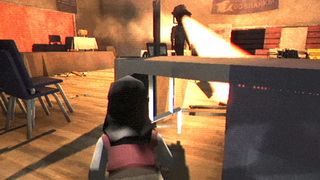 Fear the Spotlight screenshot of a woman hiding from an enemy shooting lasers from its eyes.