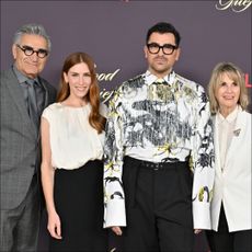 Eugene Levy poses with his wife, daughter, and son Dan Levy at the 'Good Grief' premiere.