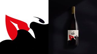 Wine label design featuring monochromatic illusion of lips meeting