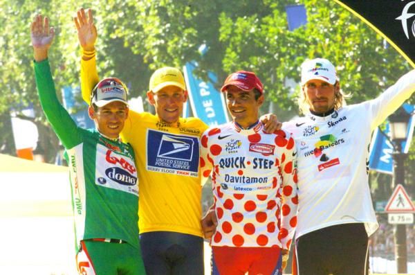The 2004 Tour de France jersey holders in Paris