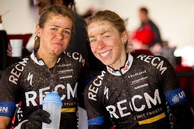 Ariane Kleinhans (left) and Annika Langvad (right) happy after winning stage 3