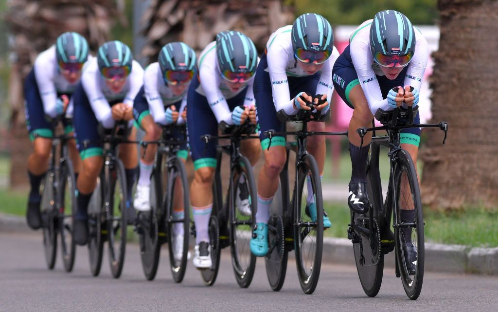 GROSSETO ITALY SEPTEMBER 11 Niamh FisherBlack of New Zealand Emma Norsgaard Jorgensen of Denmark Elise Chabbey of Switzerland Elizabeth Banks of The United Kingdom Marlen Reusser of Switzerland and Mikayla Harvey of New Zealand and Team Paule Ka during the 31st Giro dItalia Internazionale Femminile 2020 Stage 1 a 168km Team Time Trial from Grosseto to Grosseto TTT GiroRosaIccrea GiroRosa on September 11 2020 in Grosseto Italy Photo by Luc ClaessenGetty Images