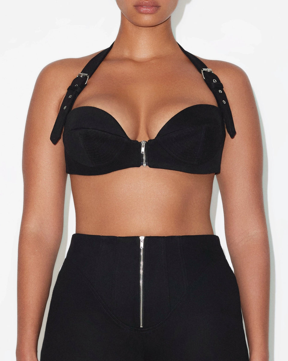 Denim Zipper Bralette | Black