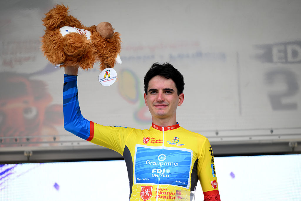 Ewen Costiou (Groupama - FDJ United) on the podium at the 2026  Tour du Limousin-Perigord - Nouvelle Aquitaine. (Photo by Alex Broadway/Getty Images)