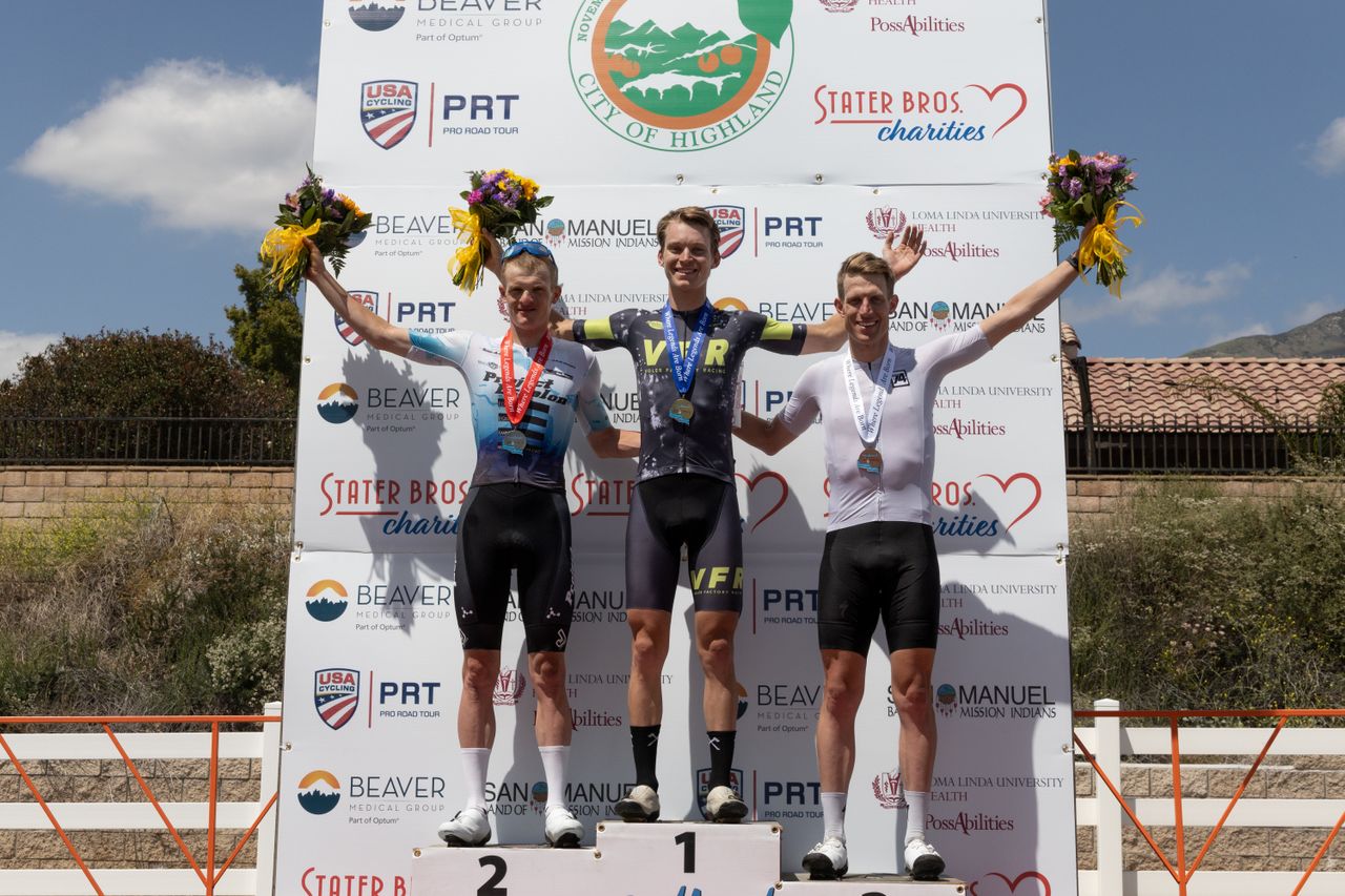Davis Cole from Voler Factory Racing/Composite, Tyler Stites from Project Echelon Racing, and Camden Piper from Specialized Project '74, finished 1, 2, and 3 on the stage and the GC.
