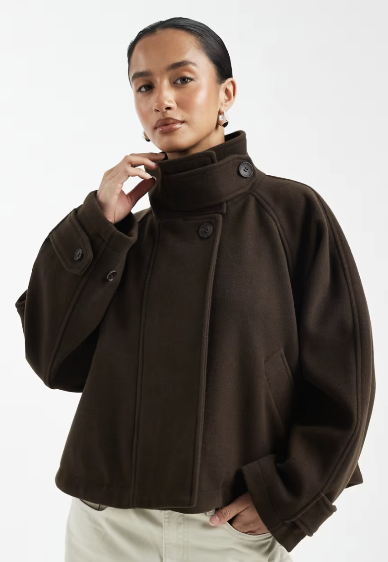 Asos, ASOS DESIGN Petite cropped cape formal coat in brown