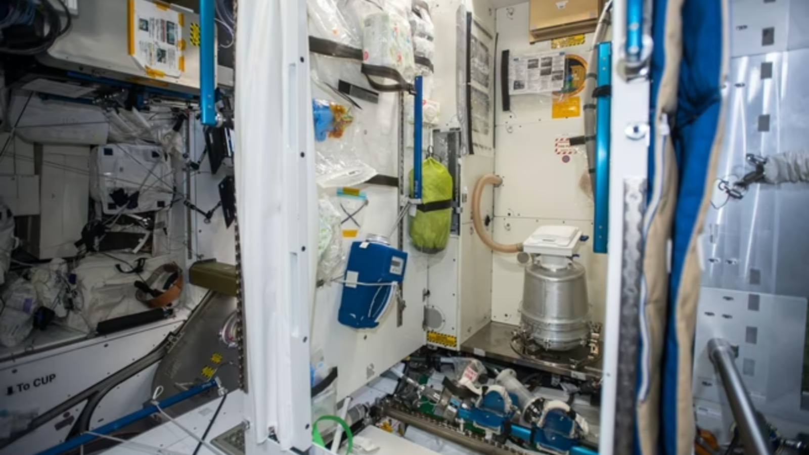 A photo of the toilet on board the ISS